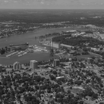 Aerial View of Sarnia, ON downtown and into Port Huron, MI